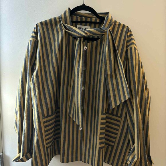 Cawley Studio Japanese Striped Cotton Dorothy Shirt in Mustard +  Navy, Medium - Picture 4 of 4